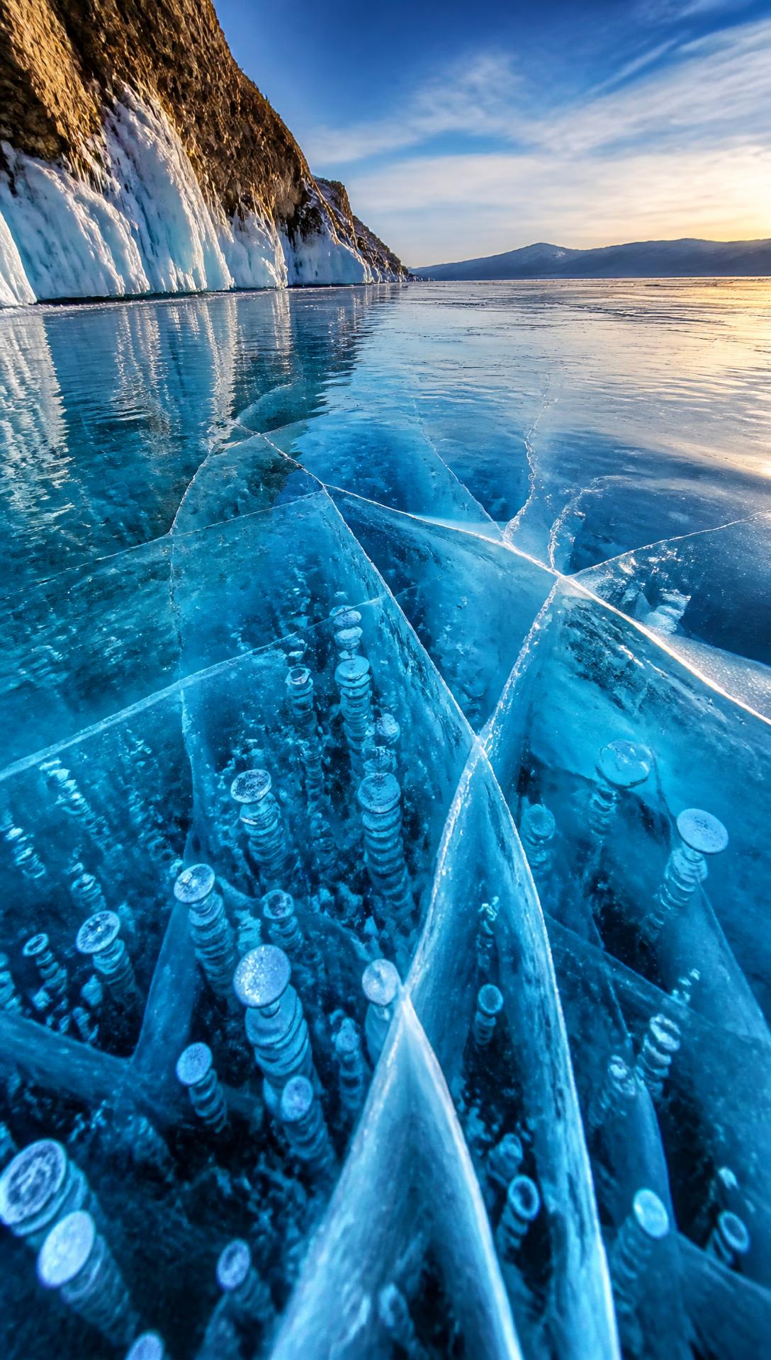 Crystal blue ice of Lake Baikal in winter